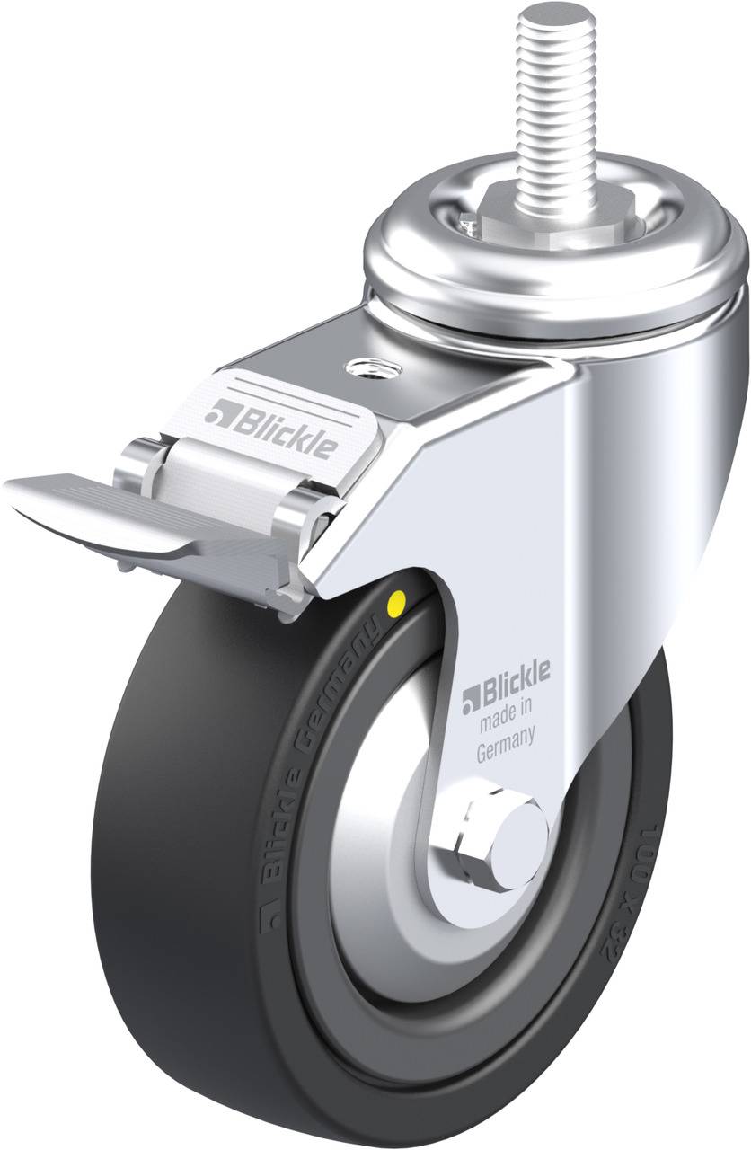Ein silbernes Lenkrollenrad mit Feststellhebel aus Metall und schwarzem Gummireifen, hergestellt von der Marke Blickle, geeignet für industrielle Anwendungen.