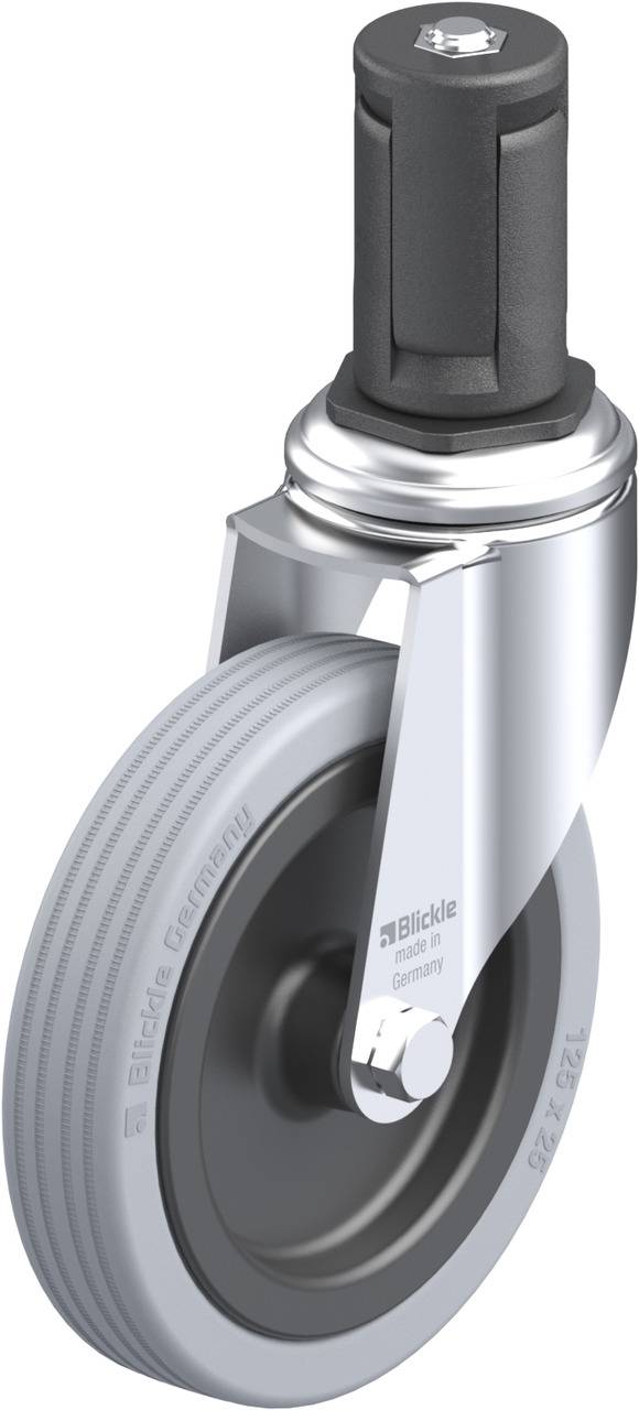 Industrie-Doppelrollenlenkrolle mit grauem Rad, schwarzer starrer Halterung und Herstellerlogo, geeignet für schwere Lasten.