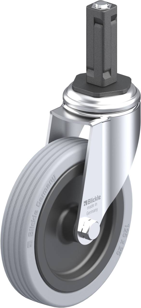 Lenkrolle mit grauem Rad aus Kunststoff und silbernem Halter. Geeignet für Industrieanwendungen.