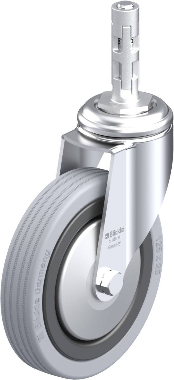 Metallrad mit grauem Gummireifen und silberner Halterung, passend für industrielle Transportwagen oder Möbel.