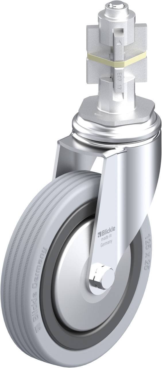 Schwenkrolle mit grauer Gummibereifung und Metallhalterung. Geeignet für Möbel oder Transportwagen.