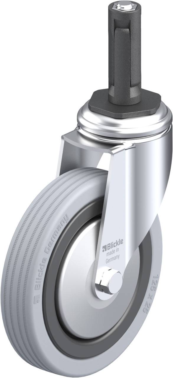 Schwenkrolle mit grauem Rad und silbernem Metallgehäuse. Enthält Halterung für Befestigung. Geeignet für Möbel oder Geräte.