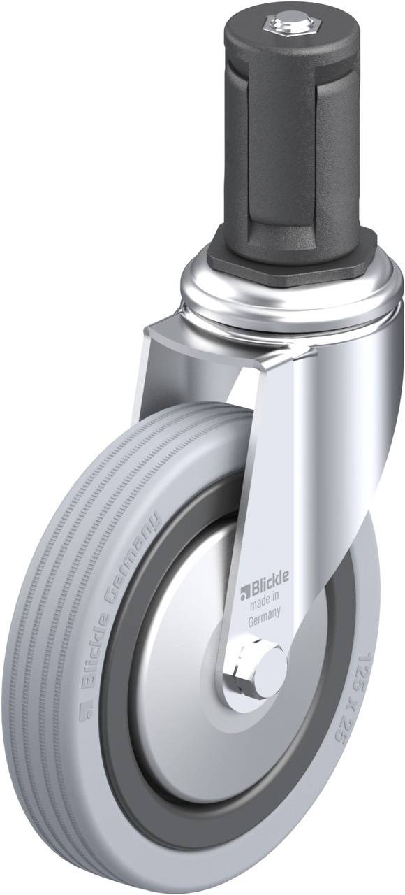 Hochwertige graue Lenkrolle mit stabilem Gehäuse und Gummi-Lauffläche für reibungsloses Bewegen, geeignet für Möbel oder Transportwagen.