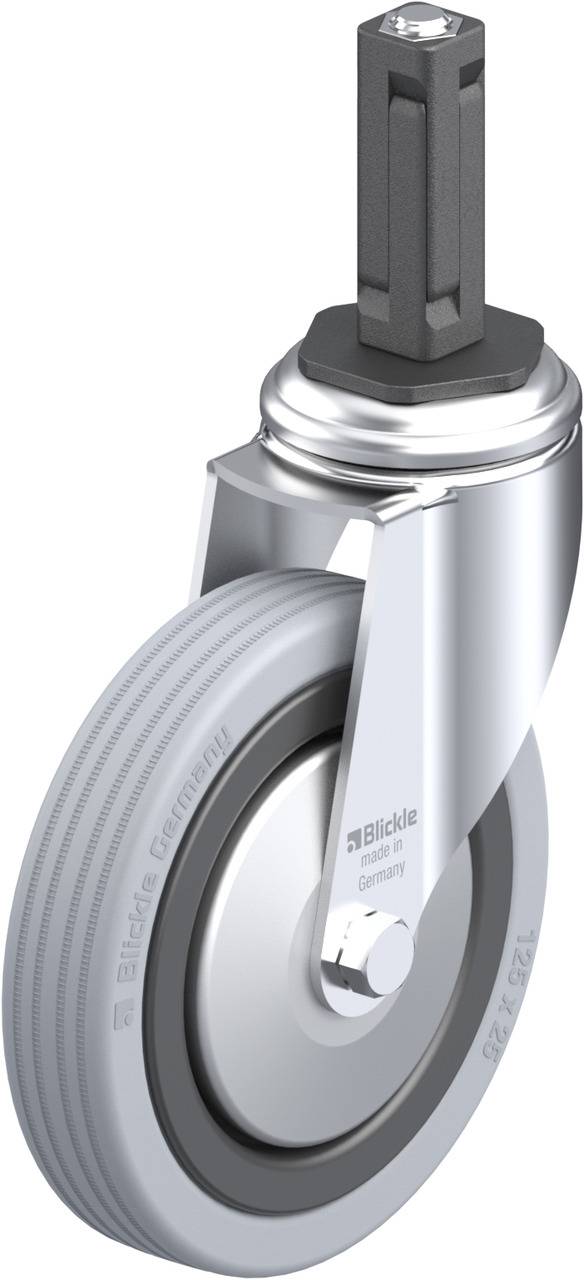 Industrie-Lenkrolle mit silbernem Metallgehäuse und grauem Gummi-Laufrad. Sie zeigt ein sechseckiges Stiftdesign für die Befestigung.