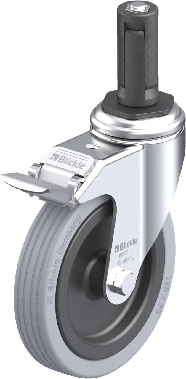Das Bild zeigt eine graue Lenkrolle aus Metall und Kunststoff von Blickle, geeignet für Möbel oder Geräte mit einer Bremsvorrichtung.