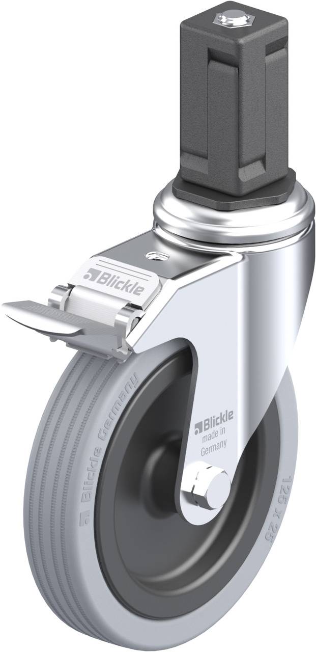 Industrie-Lenkrolle aus Metall mit grauer Gummibereifung. Oben befindet sich eine quadratische Halterung mit einem Schraubverschluss.