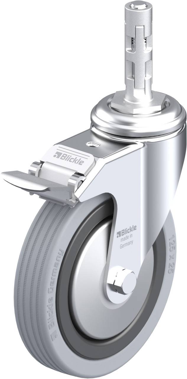 Schwenkrolle aus Metall mit grauem Rad und automatischer Bremse. Ideal für industrielle Anwendungen, bietet hohe Stabilität und Mobilität.