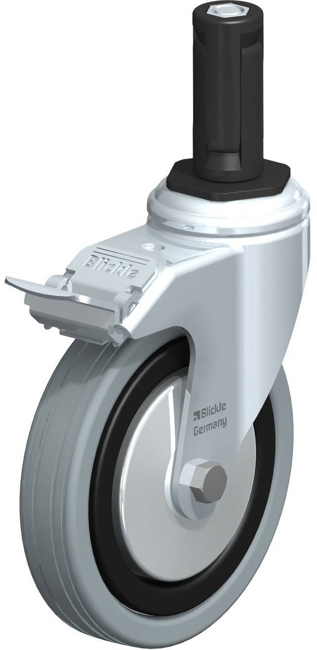 Abgebildet ist eine Lenkrolle aus Metall mit Gummibereifung und integriertem Bremssystem. Ideal für leichte Wagen und Möbel.