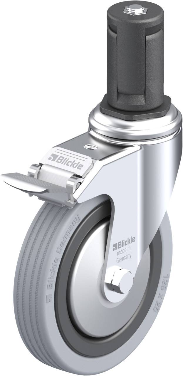 Industrie-Lenkrolle mit grauem Rad, schwarzem Drehgelenk und integriertem Bremssystem. Metallgehäuse mit 'Blickle' Logo.