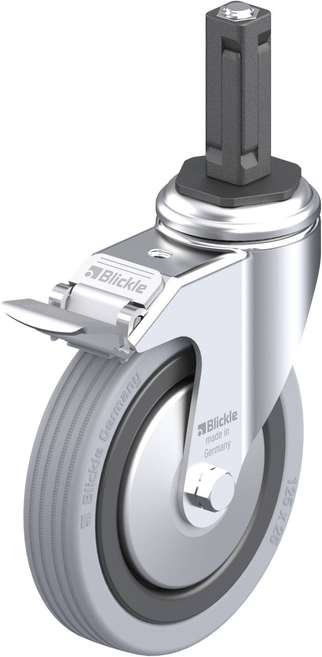 Industrie-Rolle mit Bremssystem, silbernes Gehäuse und schwarzer Steckbolzen, geeignet für schwere Lasten.