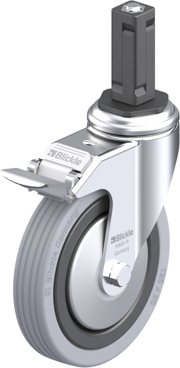 Hochwertige Rolle mit grauem Gummireifen und funktionellem Befestigungsadapter, ideal für Möbel oder industrielle Anwendungen.