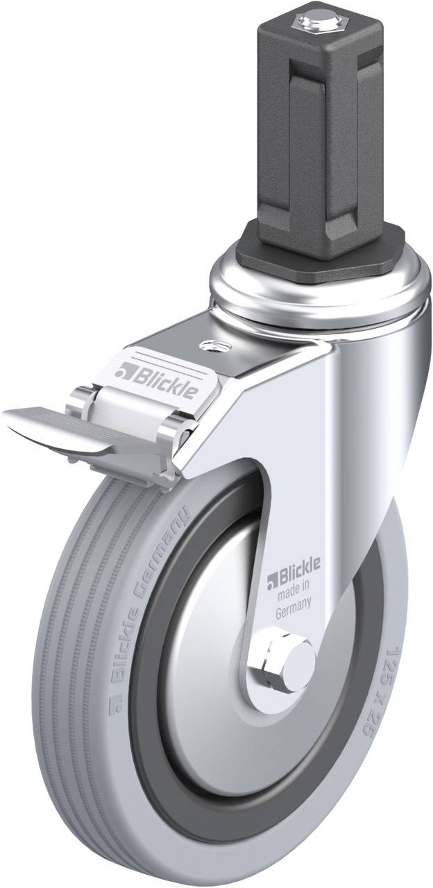 Rolle mit grauem Rad und silbernem Gehäuse, zeigt 'Blickle' Logo und Text 'Made in Germany'. Geeignet für industrielle Anwendungen.