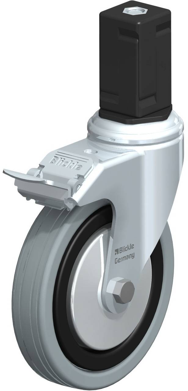 Industrie-Lenkrolle aus Metall mit Bremse und Gummirad, geeignet für den Einsatz in Transport- und Produktionsanwendungen.