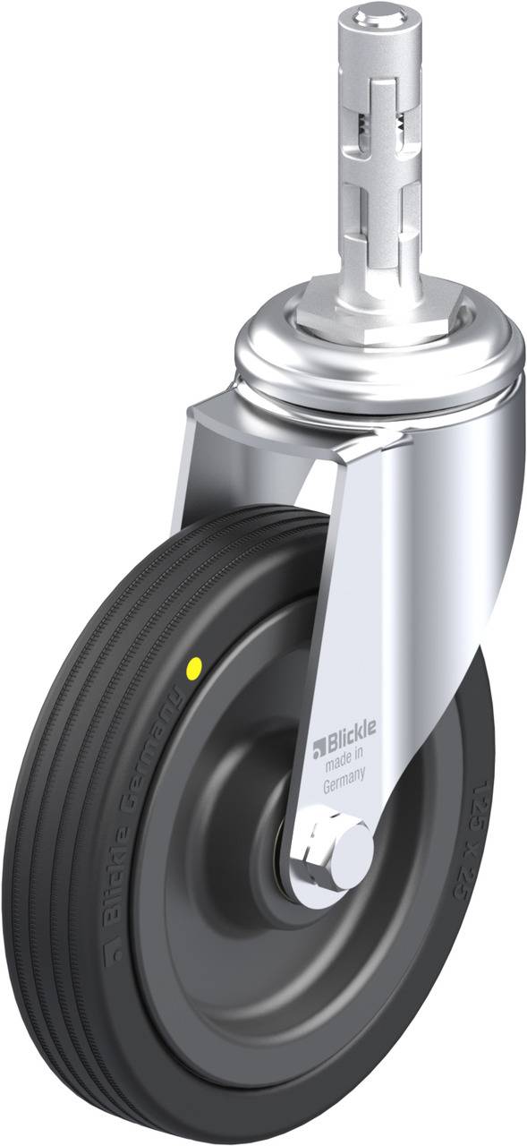 Schwenkrolle mit schwarzem Rad und silberner Halterung, Markenname 'Blickle' auf dem Rad. Geeignet für den industriellen Einsatz.