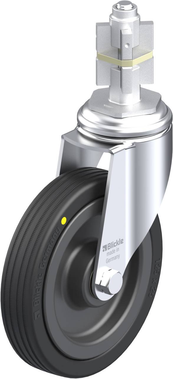 Ein schwarzes Rad mit Metallhalterung, geeignet für Transportgeräte. Das Rad stammt von der Marke Blickle und wird für industrielle Zwecke genutzt.