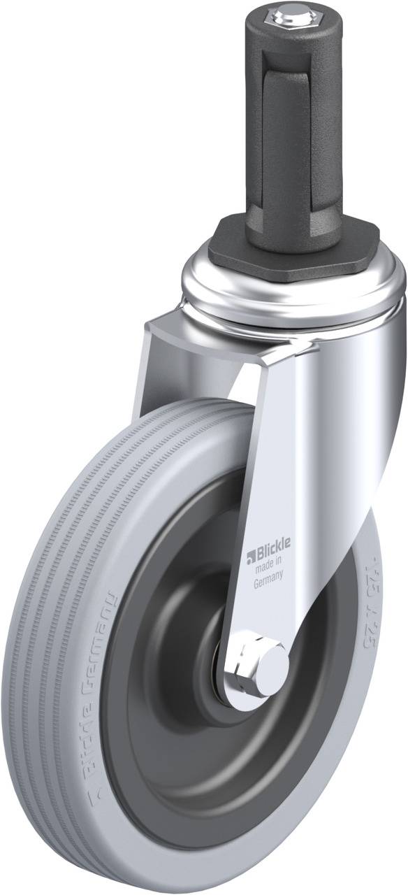 Ein graues Bockrolle-Rad mit schwarzer Kunststoffnabe und Befestigungsstift. Geeignet für leichte Transportgeräte.