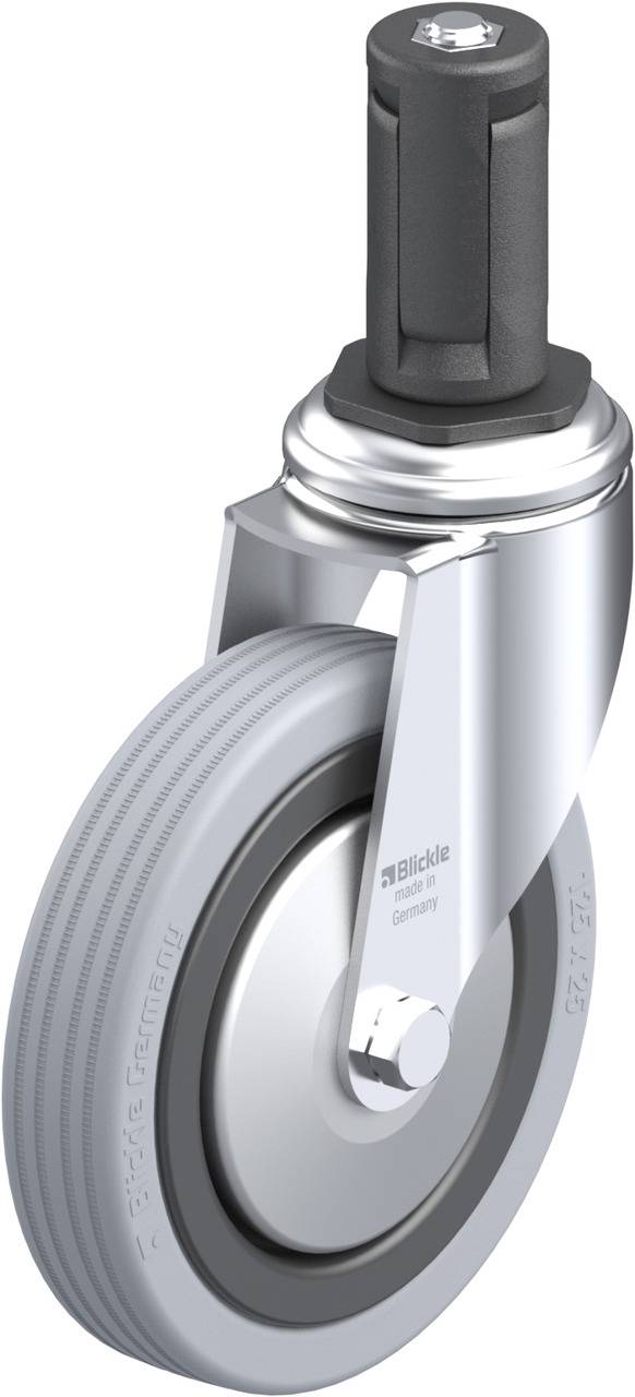 Graue Rolle mit schwarzer Steckverbindung und metallener Halterung, häufig in Möbel- oder Gerätebau verwendet.