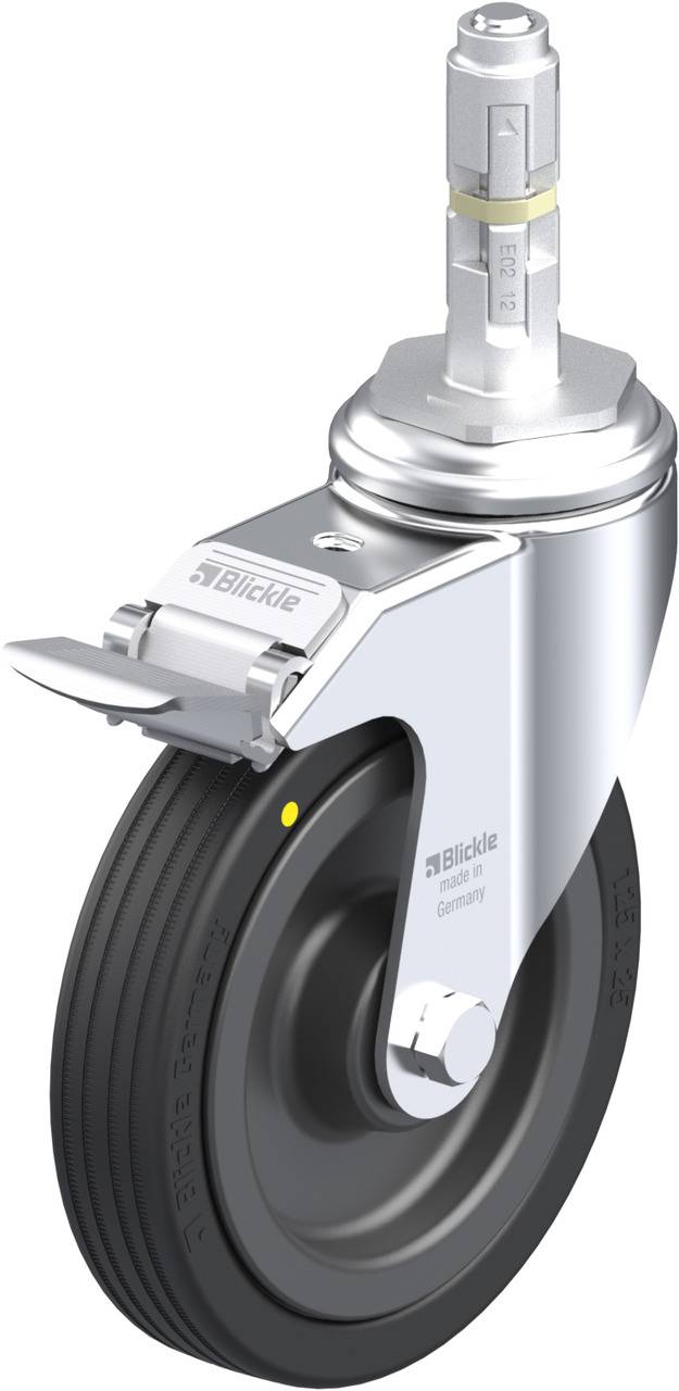 Industrie-Schwenkrolle mit Bremse und schwarzem Rad, geeignet für hohe Belastungen. Silbernes Metallgehäuse mit integriertem Bremspedal.