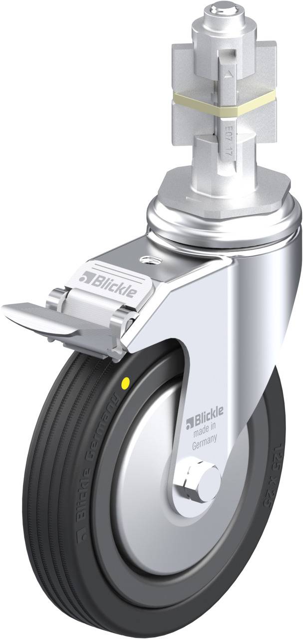 Rollenrad mit Bremse, verchromt, geeignet für Möbel oder Geräte, robustes Design für glatten Bodenbelag.