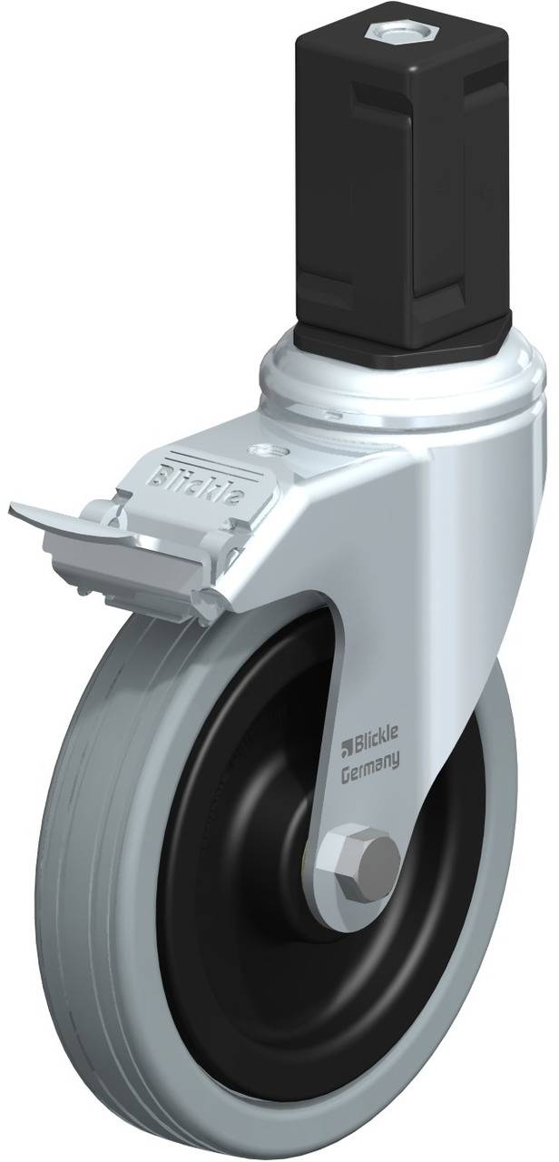 Schwenkrolle mit schwarzem Kunststoffgehäuse und grauem Rad, geeignet für Möbel oder Geräte. Aufschrift 'Blickle Germany'.