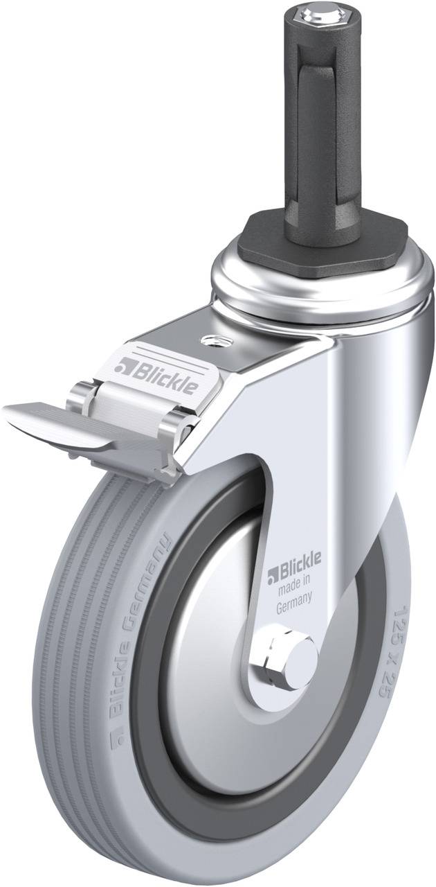 Metallrad mit grauem Gummi, seitlicher 'Blickle'-Aufdruck, befestigt mit Schraubbolzen. Ideal für mobile Geräte oder Möbel.