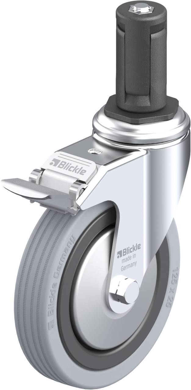 Metallrolle mit grauem Gummirad, drehbar mit Schwenklager und Befestigungsstift. Geeignet für Transportgeräte und Wagen.