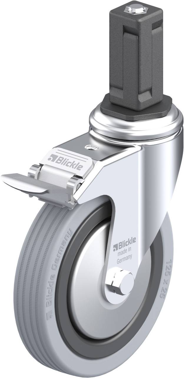 Schwenkrolle mit grauer Lauffläche, Metallelementen und einer Bremse. Entwickelt für eine vielseitige Anwendung in Mobilgeräten.