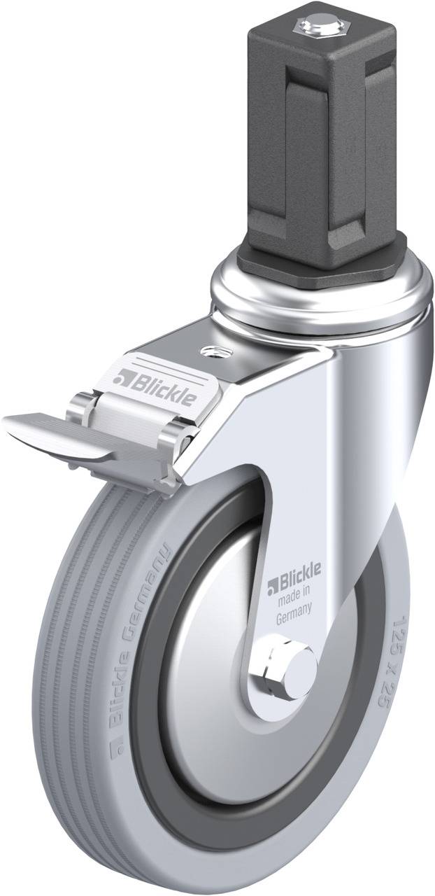 Schwenkrolle mit grauem Rad und Metallhalterung, geeignet für Möbel oder Transportgeräte, Markenlogo 