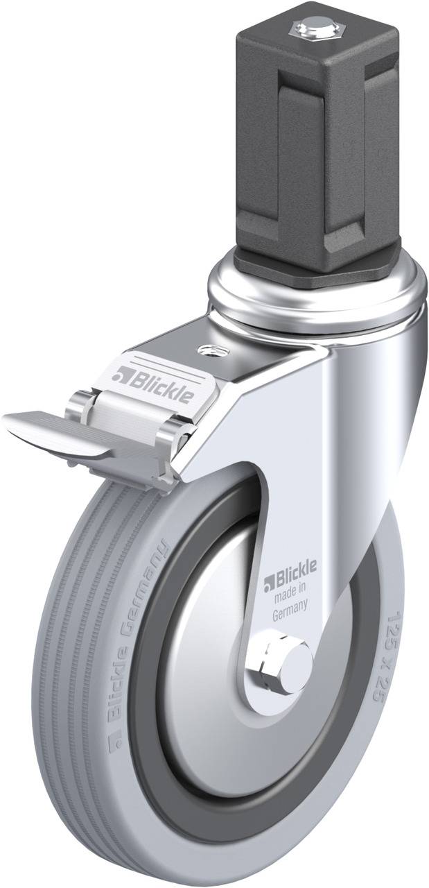 Das Bild zeigt eine graue Industrie-Lenkrolle mit Kunststoffrad und Metallelementen. Sie hat eine Bremsvorrichtung und ist für den Einsatz an Geräten geeignet.