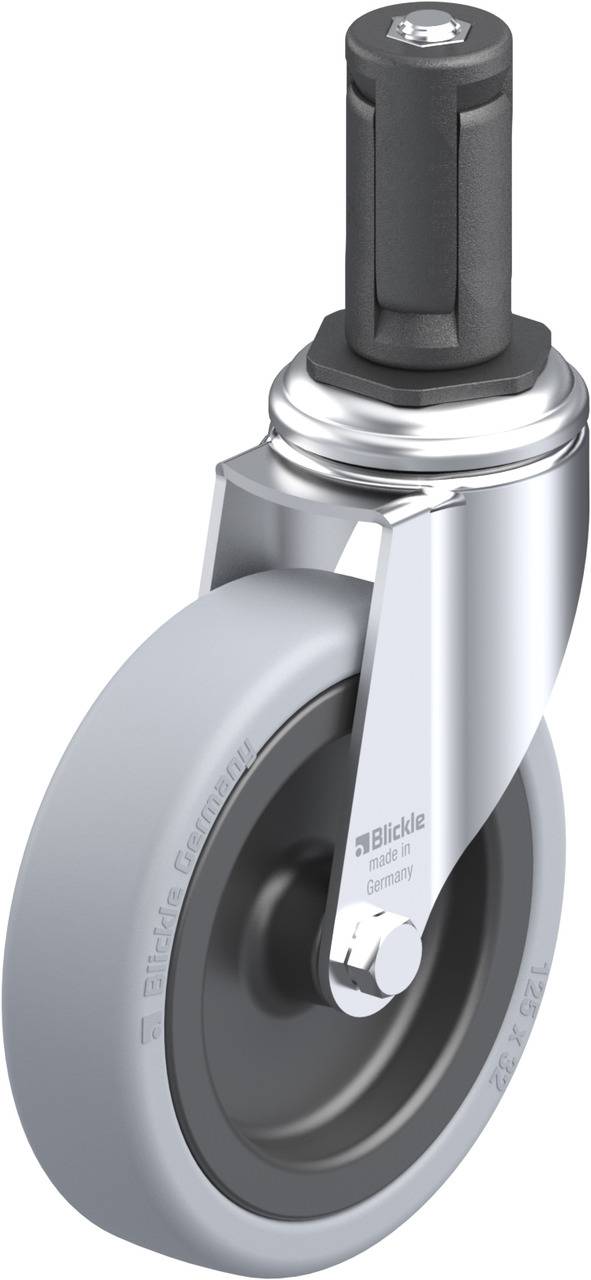 Schwenkrolle mit grauem Vollgummirad, geeignet für leichte Transportaufgaben auf flachen Oberflächen.