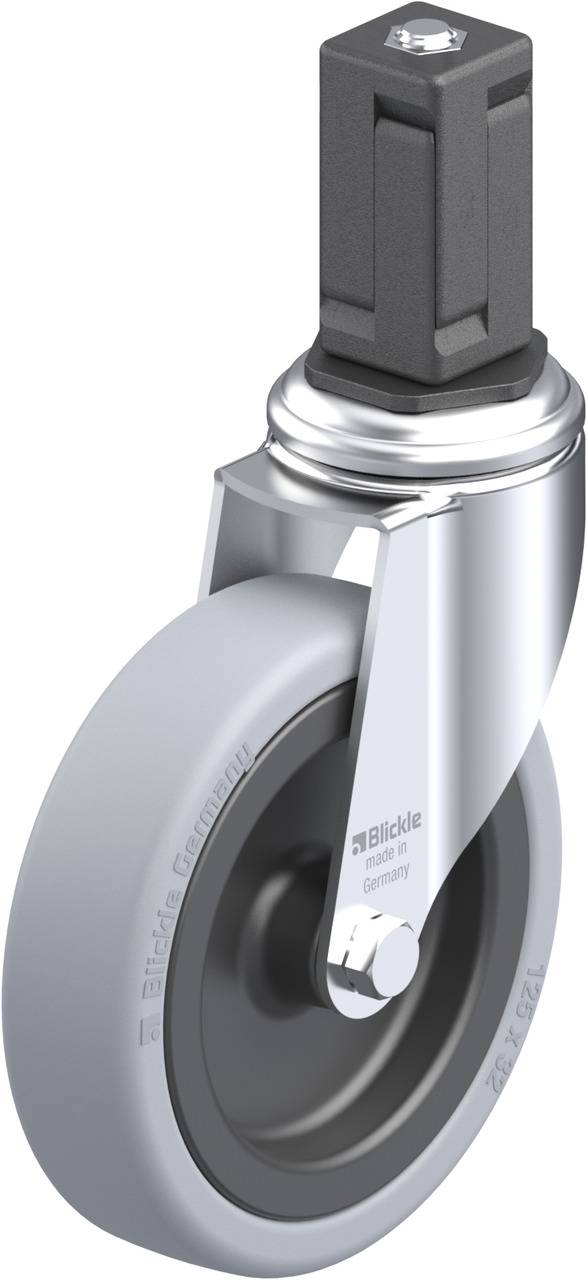 Ein einzelnes graues und schwarzes Lenkrollenrad mit Metallhalterung und Schraube an der Oberseite, von der Marke Blickle.