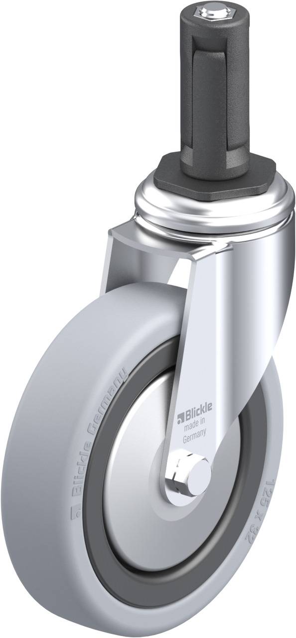 Ein graues Rad mit Metallgehäuse und schwarzer Halterung, geeignet für leichten Möbel- oder Wagenbau. Text auf dem Gehäuse: 'Blickle'.