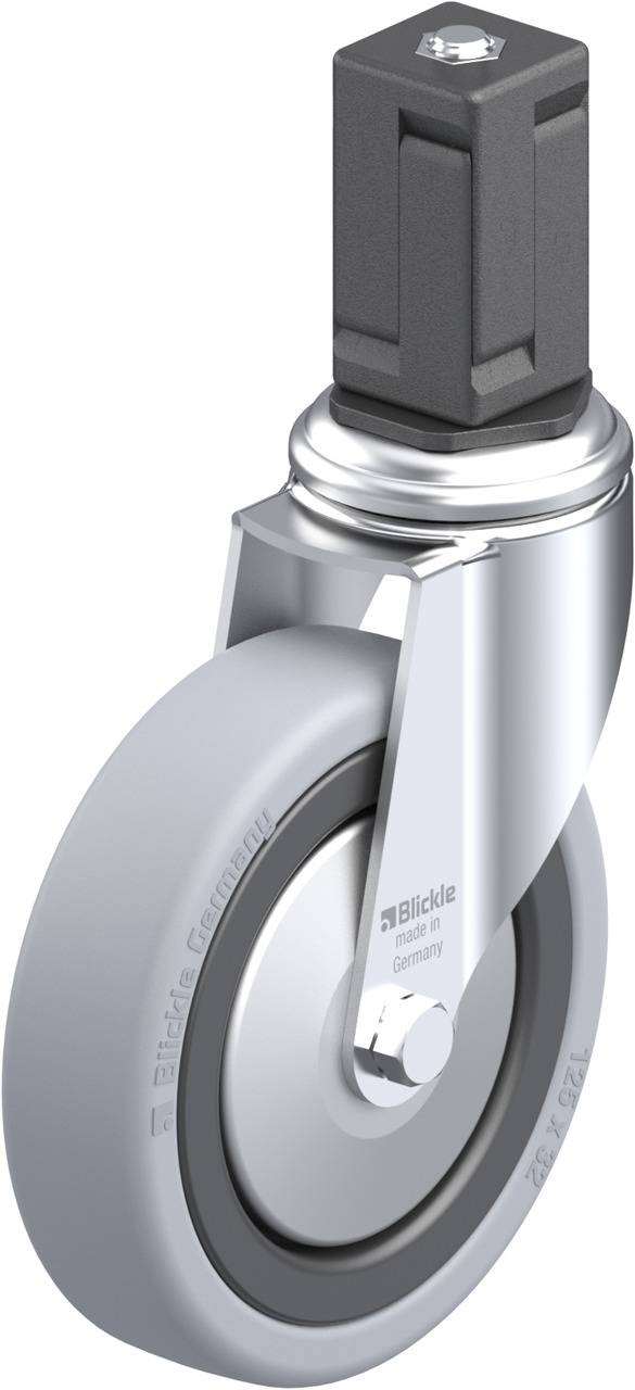 Industrie-Rolle mit grauem Rad, Metallgehäuse und schwarzem Befestigungsstück oben. Geeignet für Schwerlastanwendungen.