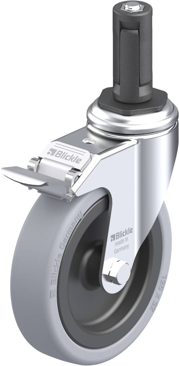 Industrie-Rollenrad aus Metall und Kunststoff, Marke 'Blickle'. Zylindrischer Stift oben, Rad mit Bremse, geeignet für Möbel oder Geräte.