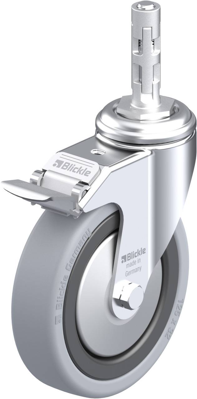 Graue Bockrolle mit Metallhalterung und Bremsmechanismus, geeignet für Möbel oder Geräte. Markiert mit 'Blickle made in Germany'.