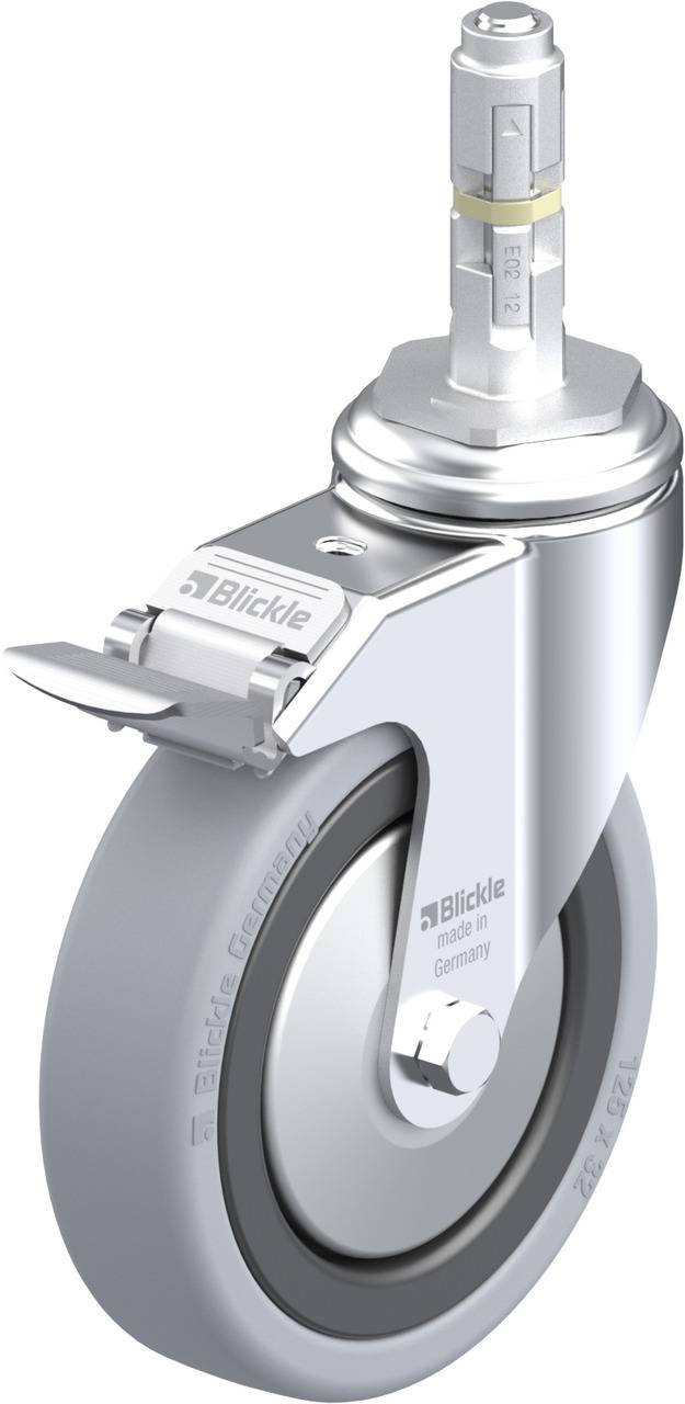 Schwenkrolle mit grauer Gummibereifung und Metallgehäuse, integrierte Bremse mit 'Blickle'-Logo, geeignet für industrielle Anwendungen.