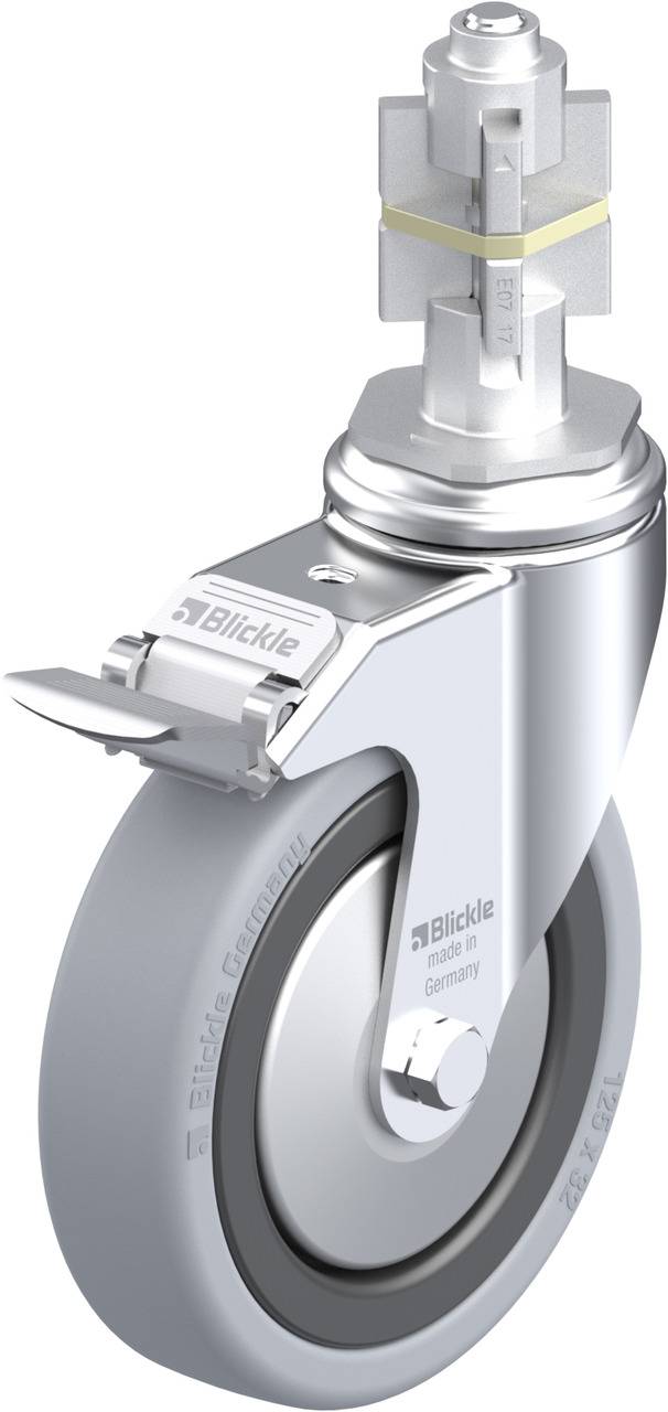 Industrie-Lenkrolle aus Metall mit grauem Rad und Bremse, hergestellt von BLICKLE in Deutschland. Geeignet für schwere Lasten.