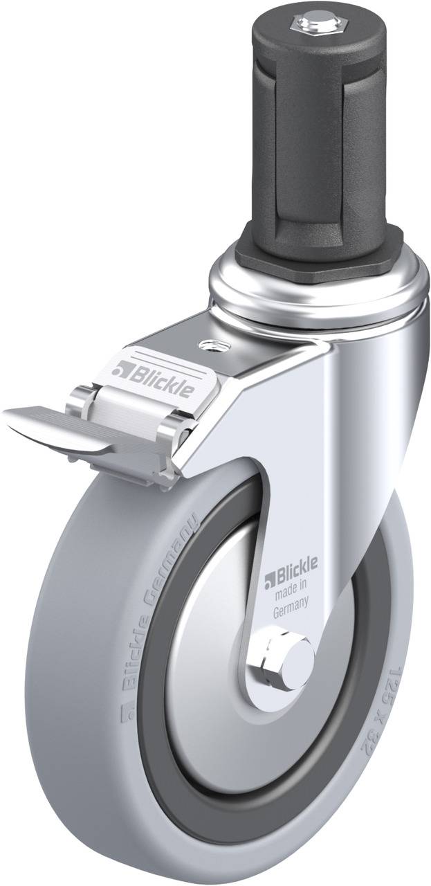 Schwenkrolle mit Bremse, grauem Rad und schwarzem Bolzen. Aufdruck: 'Blickle made in Germany'. Geeignet für Transportgeräte.