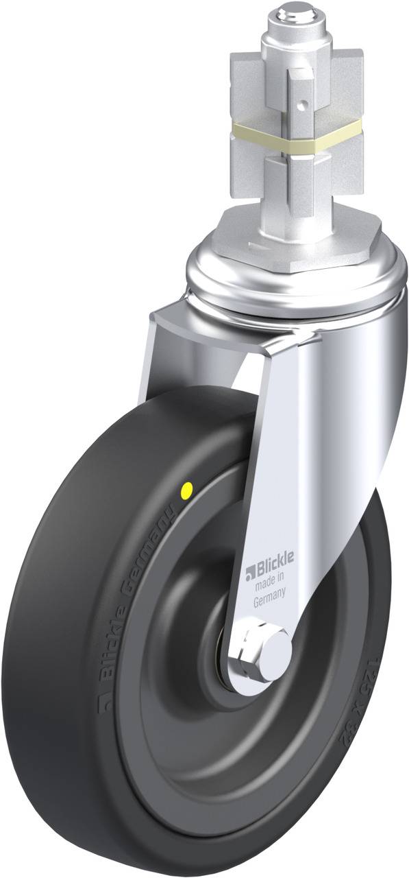 Schwenkrolle aus Metall mit schwarzem Rad; geeignet für schwere Lasten und industrielle Anwendungen.