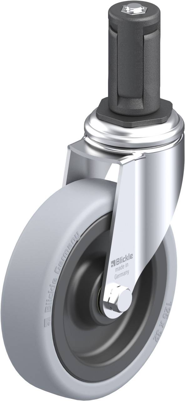 Industrielle Lenkrolle mit grauem Rad und schwarzer Befestigung, geeignet für schwere Lasten auf glatten Oberflächen.
