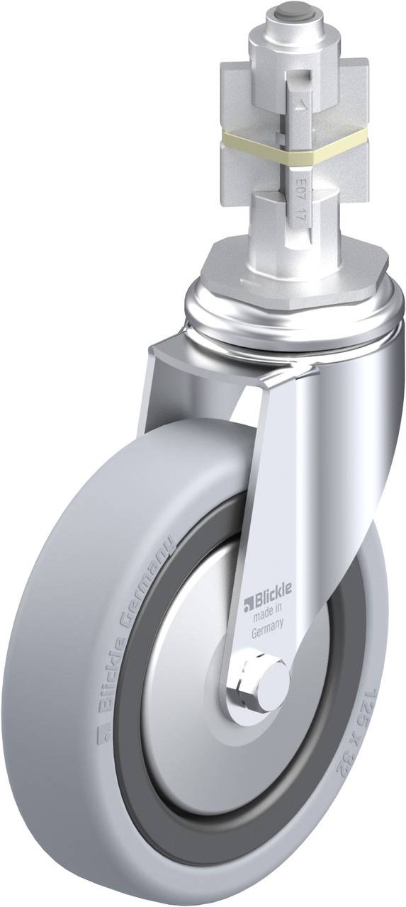 Silbernes, drehbares Rad mit grauem Reifen und Edelstahlgabel.