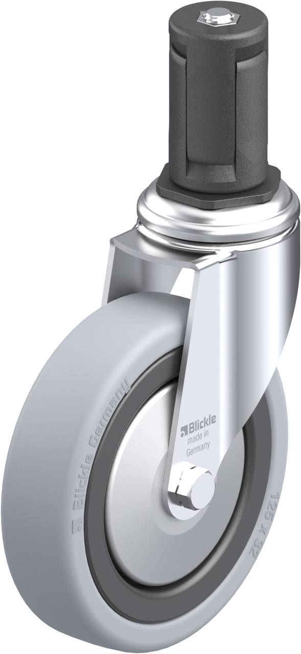 Rolle mit grauem Rad und schwarzem, zylindrischem Bolzen. Geeignet für Möbel oder Geräte mit beweglichen Komponenten.