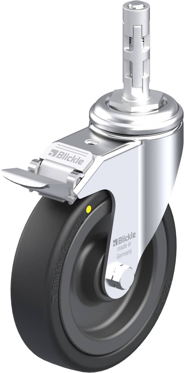 Rolle mit schwarzem Rad und silbernem Befestigungsmechanismus. Drehbar und robust, geeignet für Möbel oder Transportgeräte.