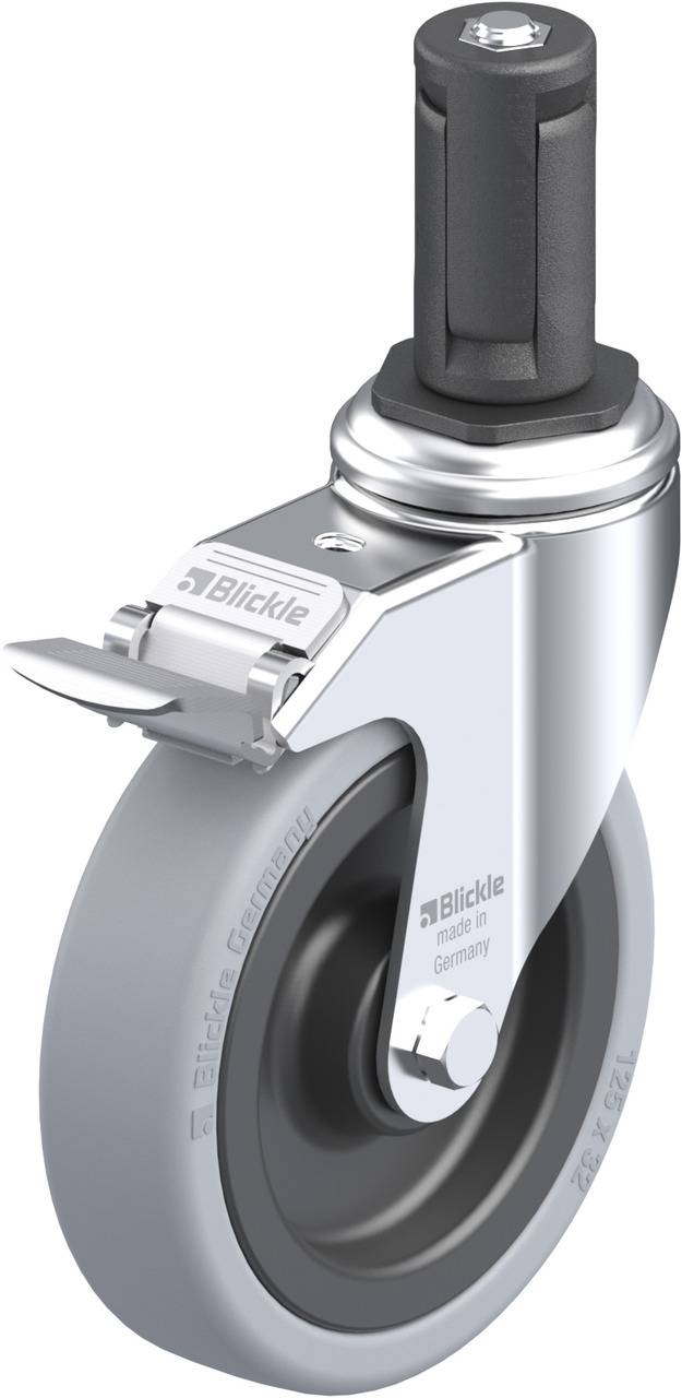 Schwenkrolle mit grauem Gummirad und schwarzen Bremselementen, geeignet für den Einsatz an Möbeln oder Geräten.