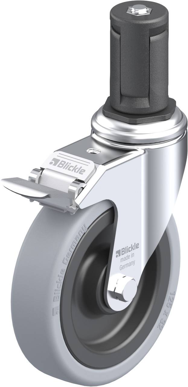Rolle mit Bremse und grauem Rad, gebrandet mit 'Blickle', geeignet für Möbel oder leichte Geräte.
