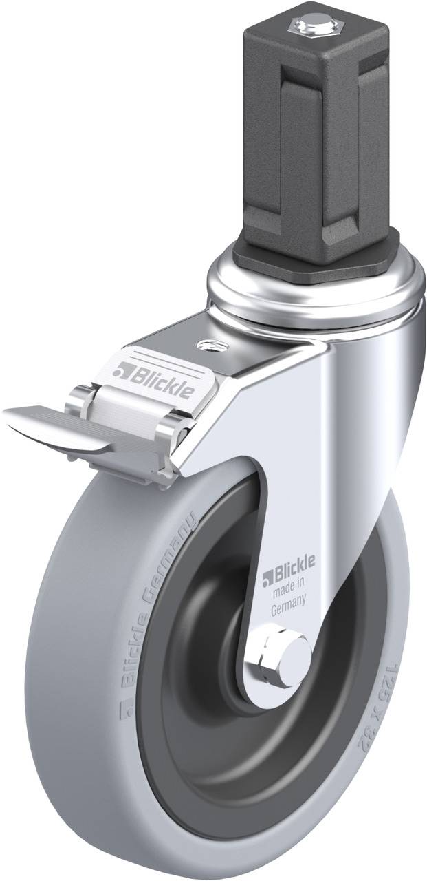 Industrie-Rolle mit grauem Rad, Metallschwenkmechanismus und Blockierer. Wird verwendet für den Transport von Maschinen oder Möbeln.