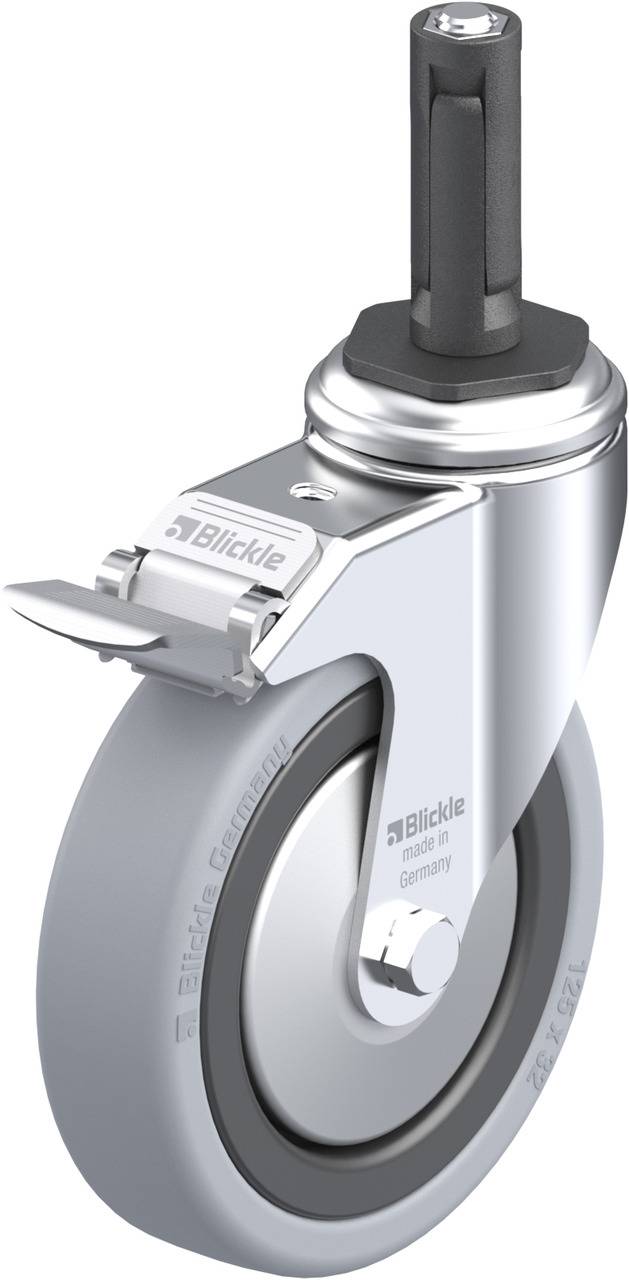 Metallenes Lenkrollenrad mit Bremse und Befestigungsbolzen, geeignet für schwere Lasten. Oberflächen in Silber und schwarzes Befestigungselement.
