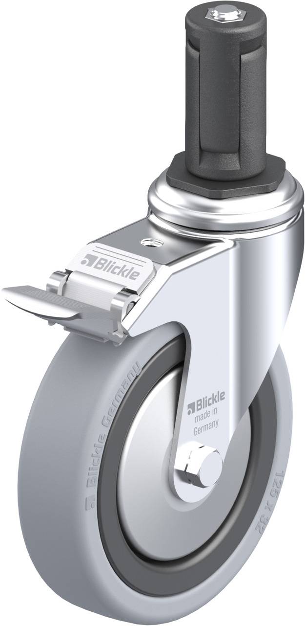 Einzelnes graues Schwenkrad mit Metallhalteplatte und Bremse, geeignet für Möbel oder Geräte. Markennamen auf der Bremse sichtbar.