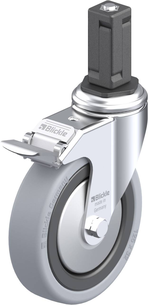 Eine graue Gummirolle mit feststellbarer Halterung und grauem Kunststoffgehäuse. Markennamen und Herkunftsangabe 'Germany' sichtbar.