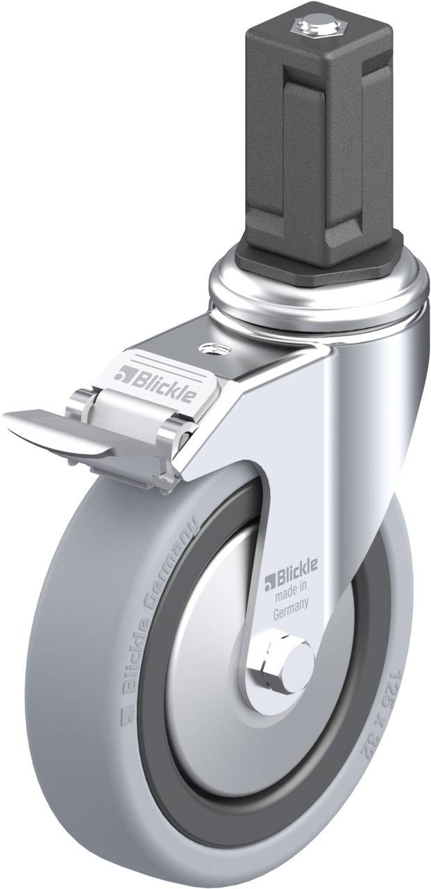 Ein Rollenrad aus Metall und Kunststoff mit Bremse. Es ist von der Marke Blickle und zeigt mechanische Details.